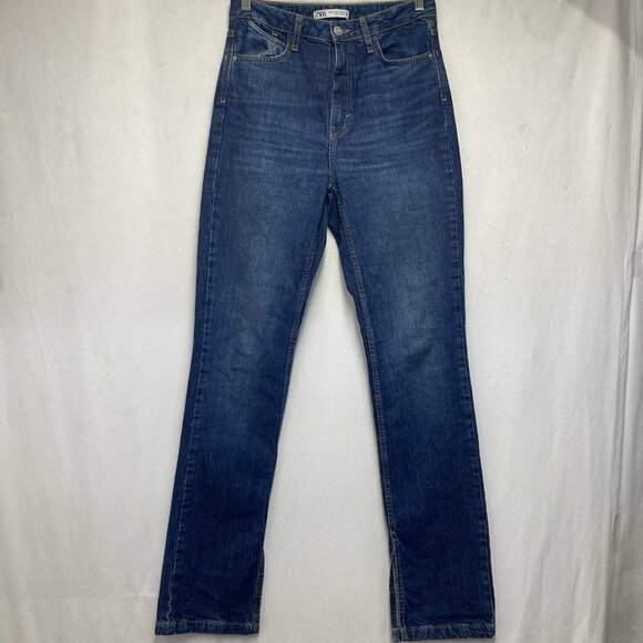 Zara Denim - Zara High-Rise Straight Leg Slit Hem Denim Jeans Women Size 4 Medium Wash Blue